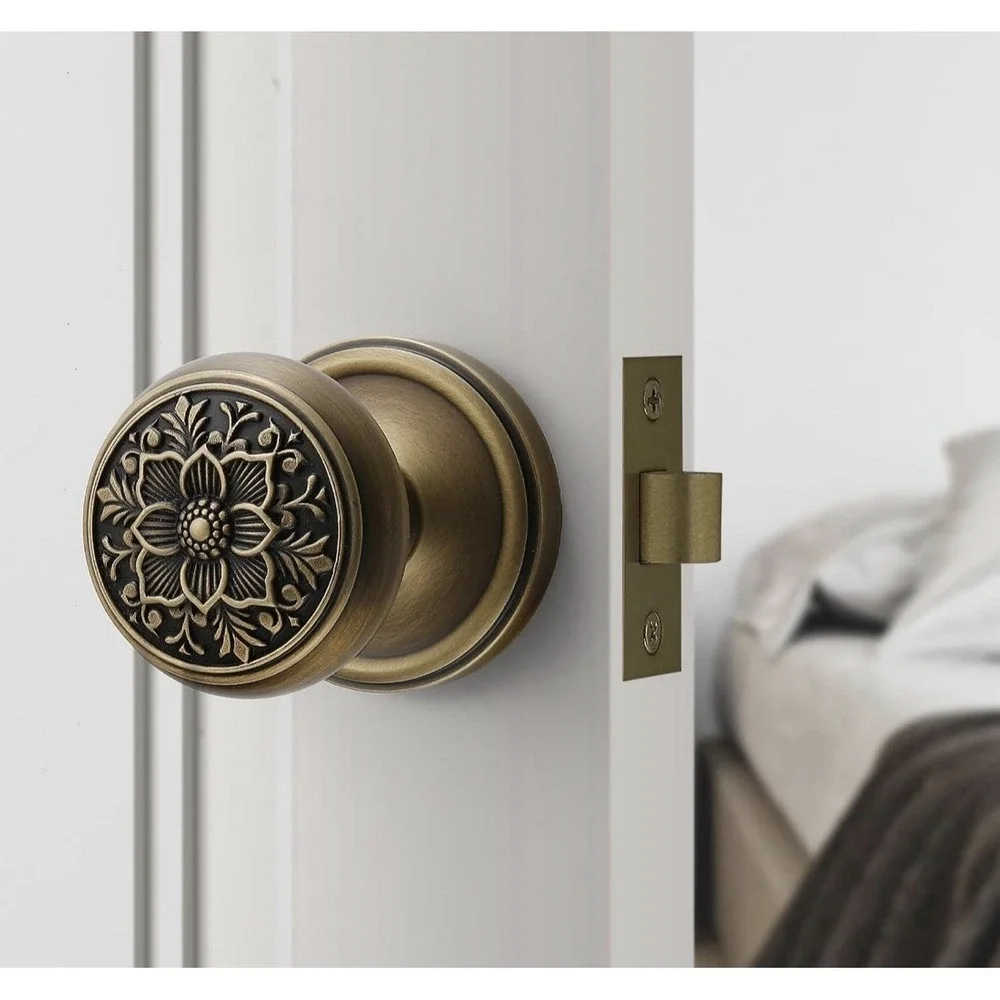 Antique Brass Floral Door Knob - Elegant Privacy Handle 2.75